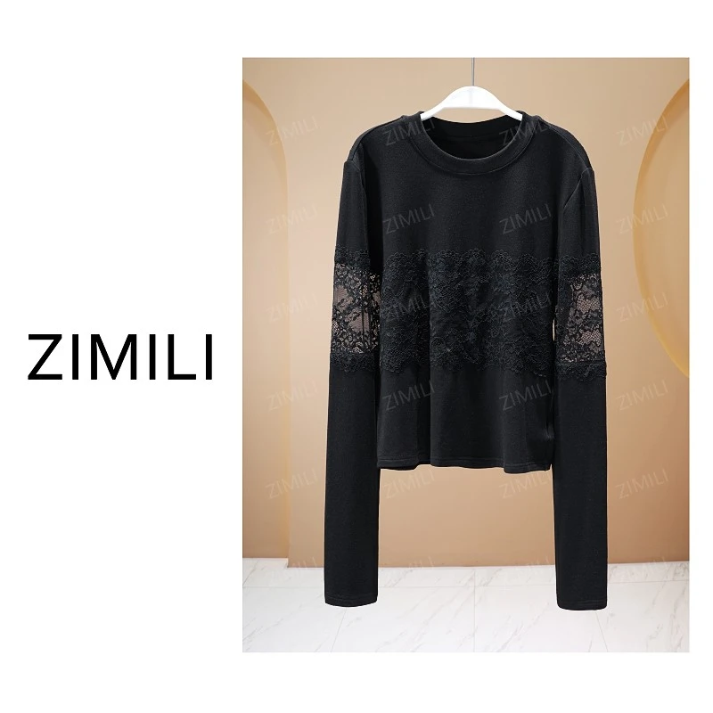 【亮哥女装】2025秋冬新品暗夜黑拼接钩花蕾丝时尚休闲上衣26063-A5