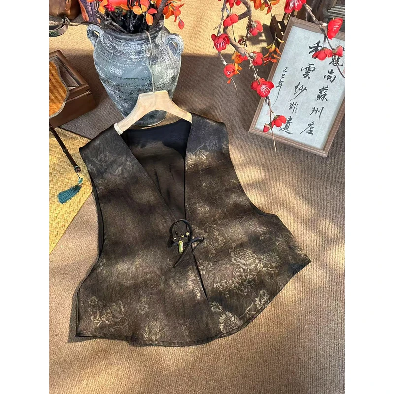 春秋新款新国风暗纹红叶题诗马甲