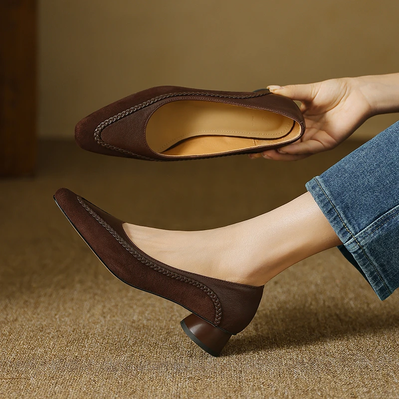 头层羊皮浅口拼色单鞋 3cm法式中跟气质方头皮鞋复古软底百搭鞋子