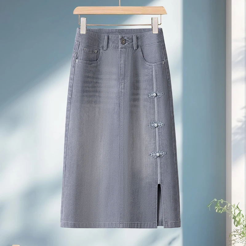 新中式国风盘扣牛仔半身裙女2025年春夏新款小个子显瘦显高中长裙