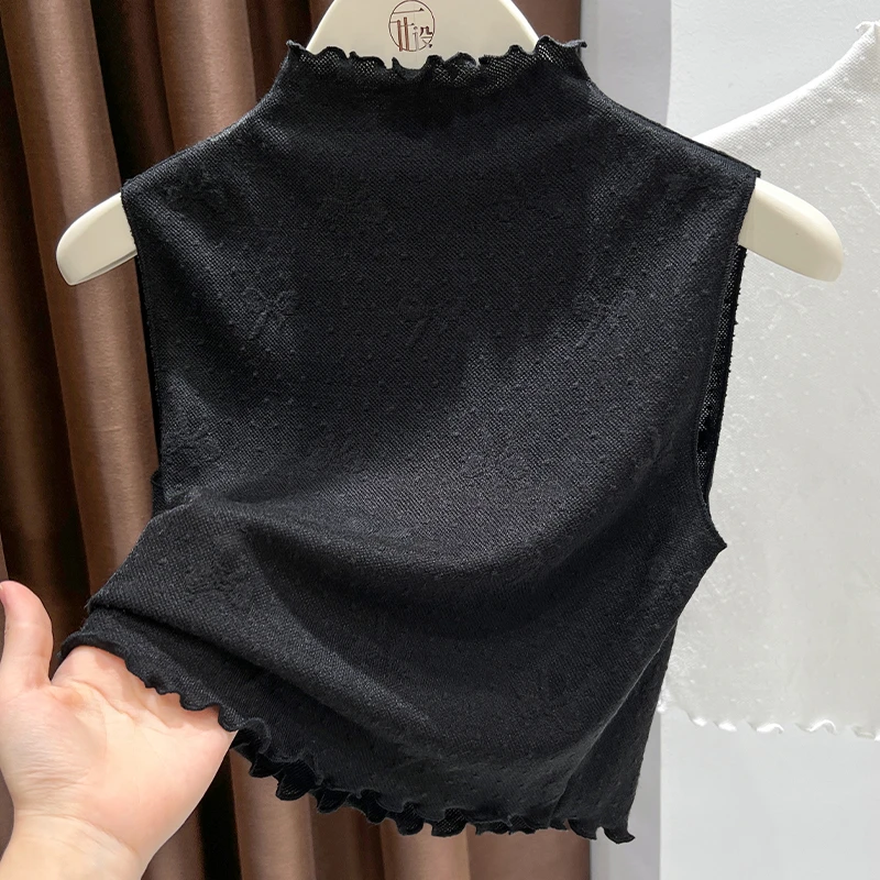 黑色新款蝴蝶波点蕾丝衫2025短款半高领无袖背心内搭薄款修身T恤