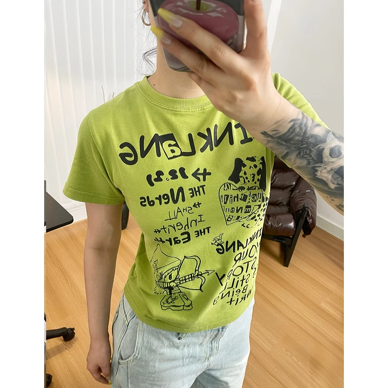 Wildkidz美式字母印花短款短袖女修身显瘦夏季复古休闲T恤