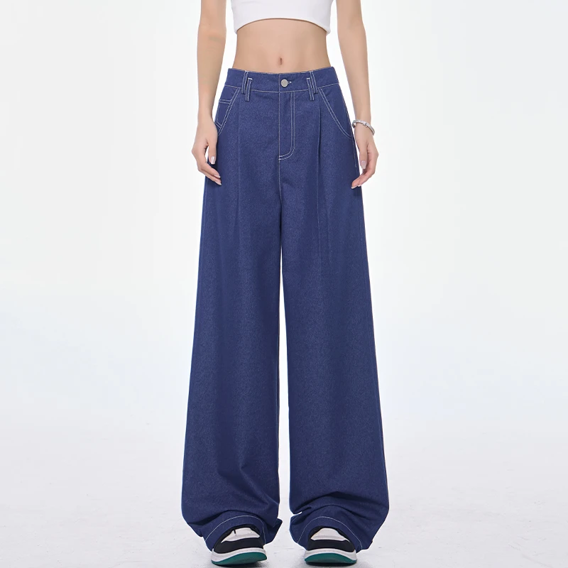 KENSTUDIO春夏新款深蓝阔腿西装裤女高腰直筒褶皱西裤长裤裤子