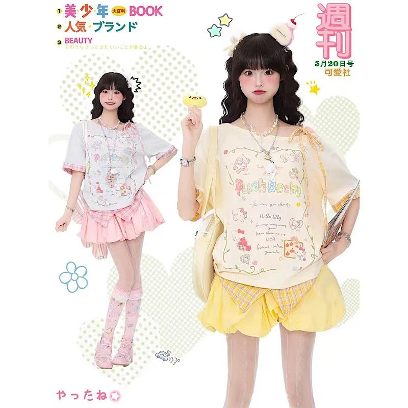 【KT游乐园两件套】甜美印花假两件露肩女夏季新款辣妹风斜肩套装