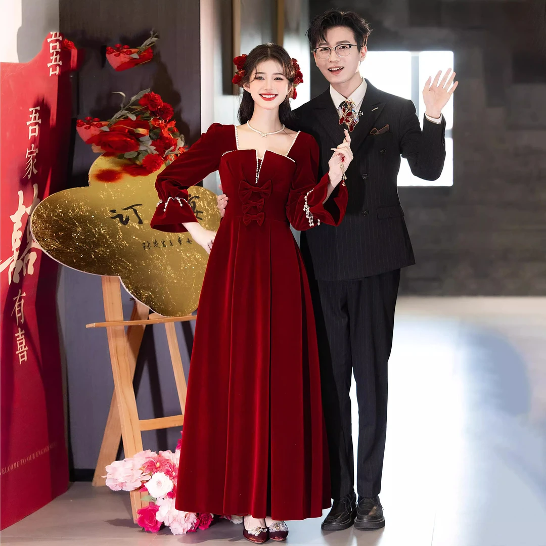 订婚礼服大气大码结婚遮肚旗袍秋冬季高个子中式韩版红色敬酒服