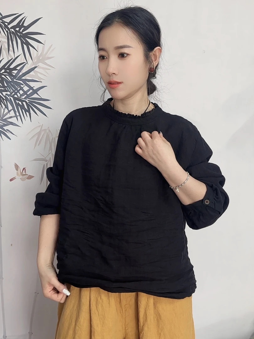 68233亚麻木耳领短款百搭内搭，衣长58，胸围120