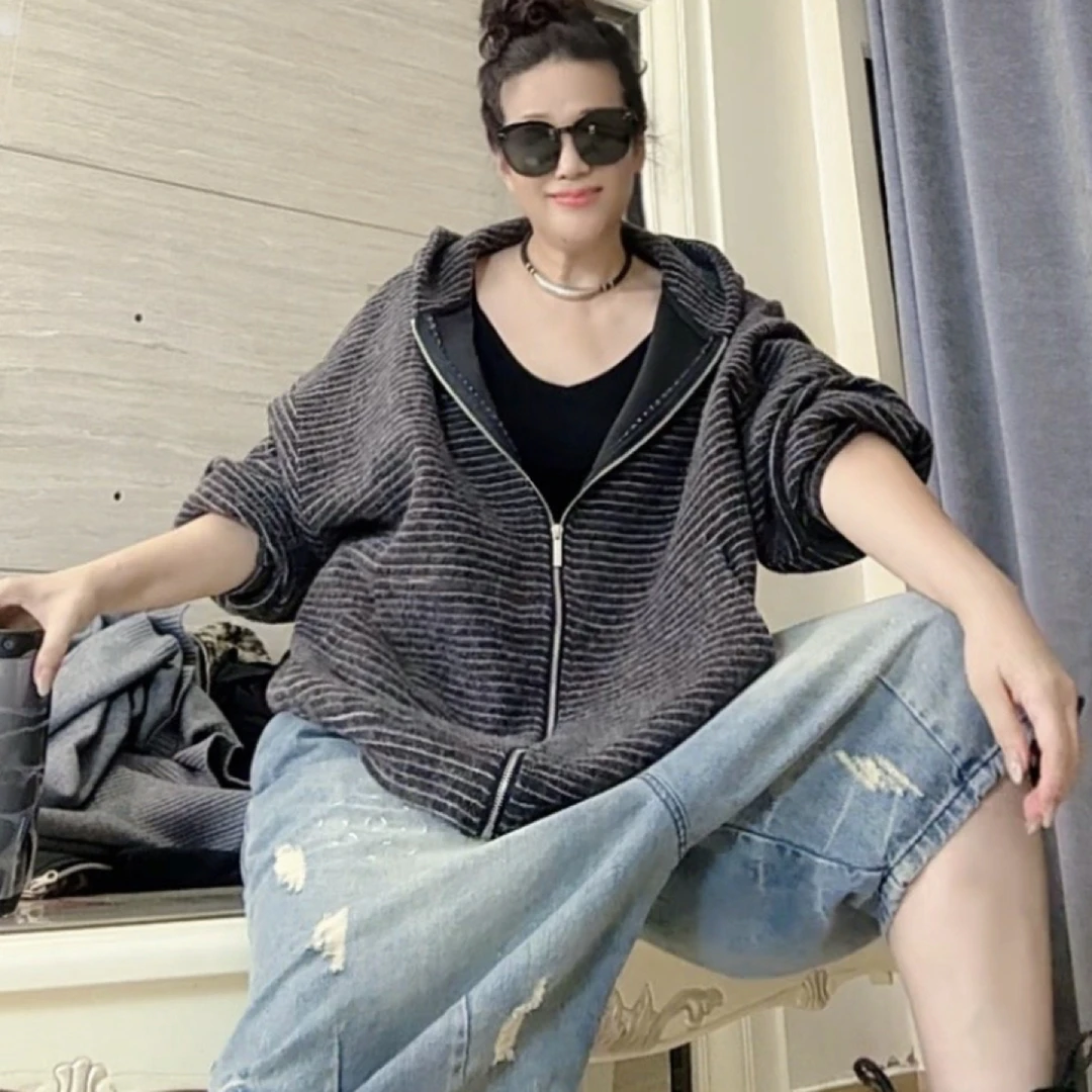 重工欧货 连帽加绒条纹宽松痞帅卫衣 衣长68 胸围140左右