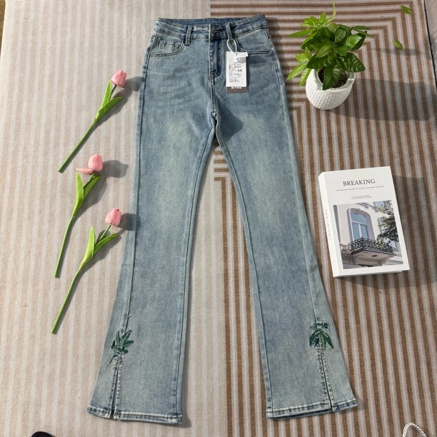 6706#新款竹叶开叉微喇牛仔裤高腰显瘦显高修身百搭