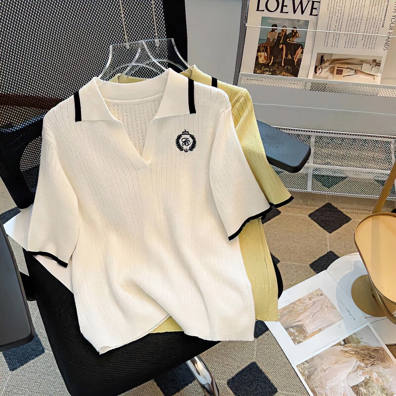 2024v领刺绣超好看t恤正肩短袖2024新款夏大码女装洋气针织上衣女