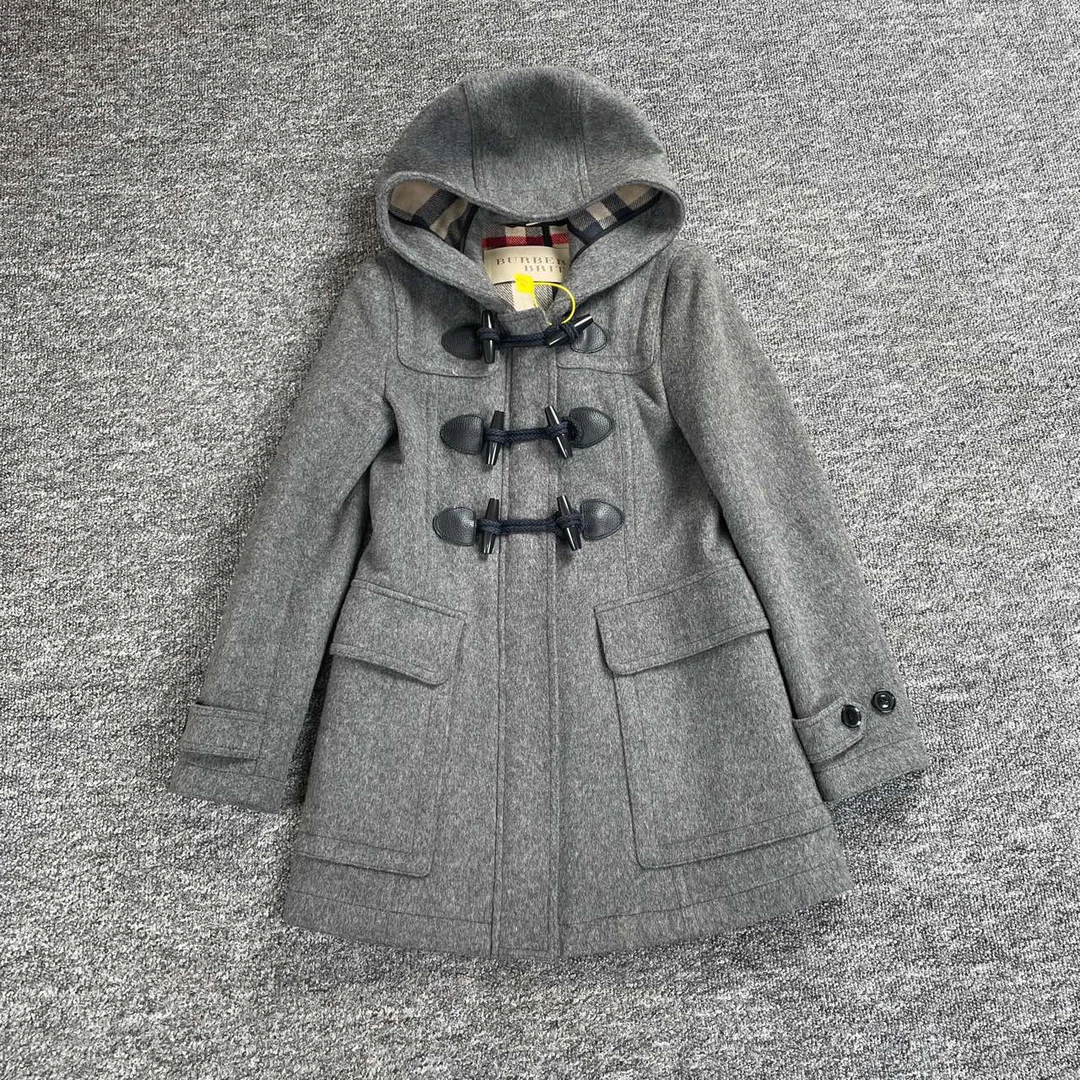 99新 BURBERRY/博柏利 7050/灰色牛角扣连帽长款大衣外套/38码/