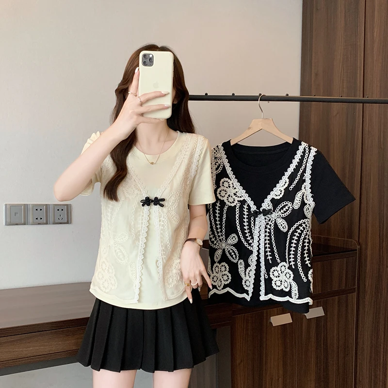 2025夏装新款胖mm大码女时尚复古盘扣钩花拼接短袖T恤35650