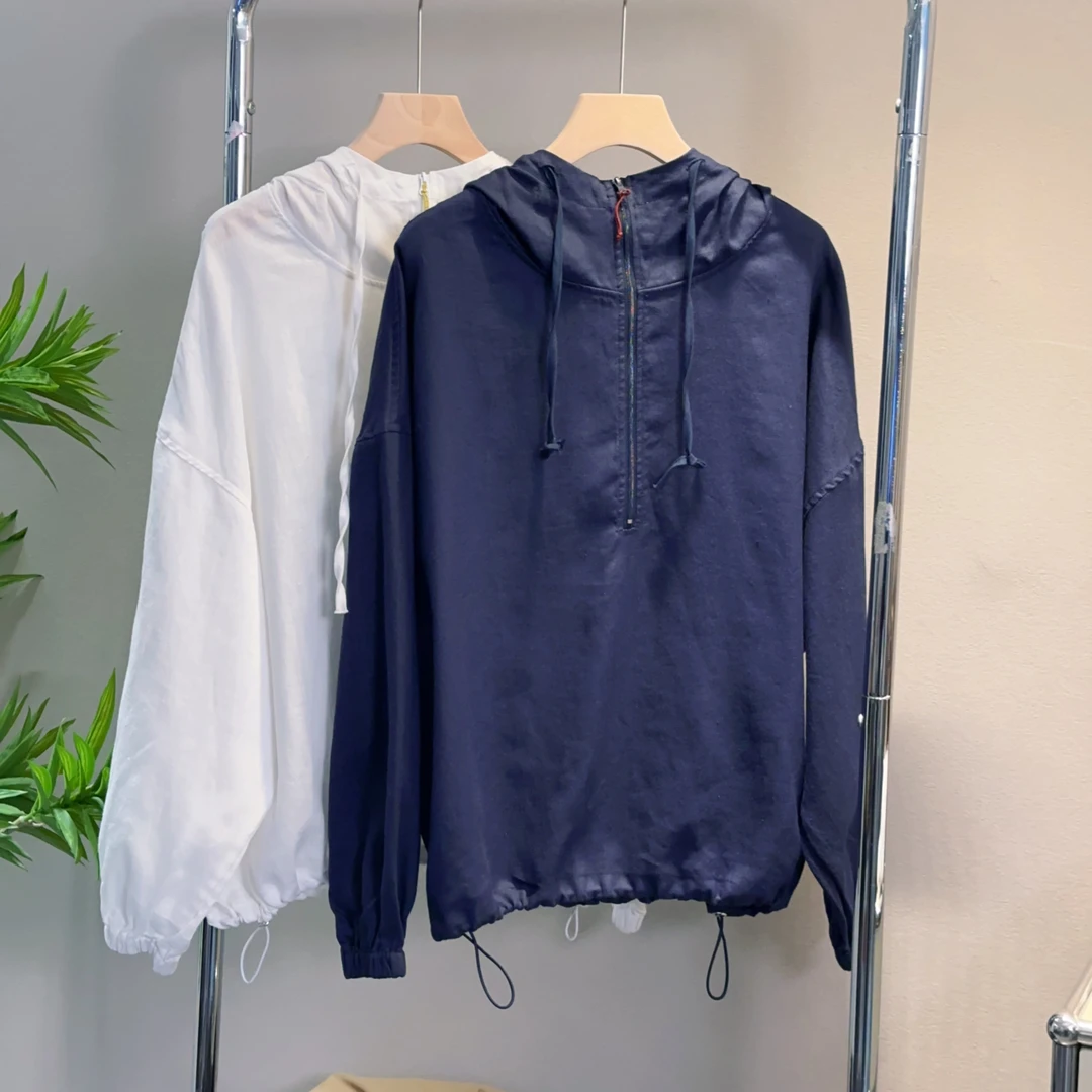 出口单日式连帽半拉链抽绳减龄宽松长袖上衣