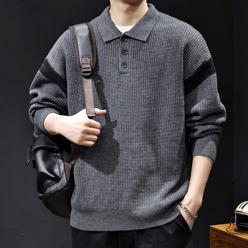 MR.MUDI/穆迪先生美式翻领华夫格针织衫男宽松休闲拼接毛衣卫衣