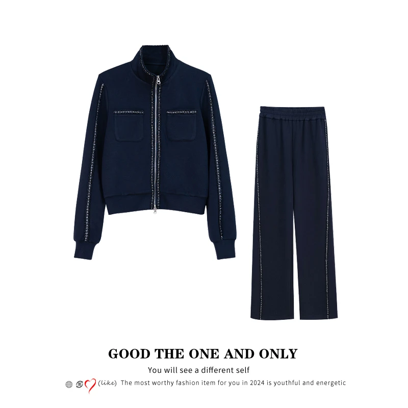 时尚设计立领拉链开衫上衣+高腰显瘦直筒拖地裤750004+750005