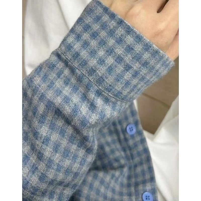 复古蓝色格子长袖衬衫女春秋新款慵懒宽松叠穿休闲百搭衬衣外套潮