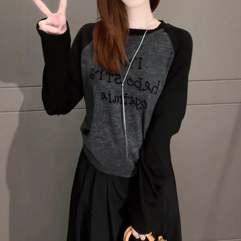 韩版时尚正肩印花长袖T恤秋季新款胖MM大码女装百搭显瘦宽松上衣