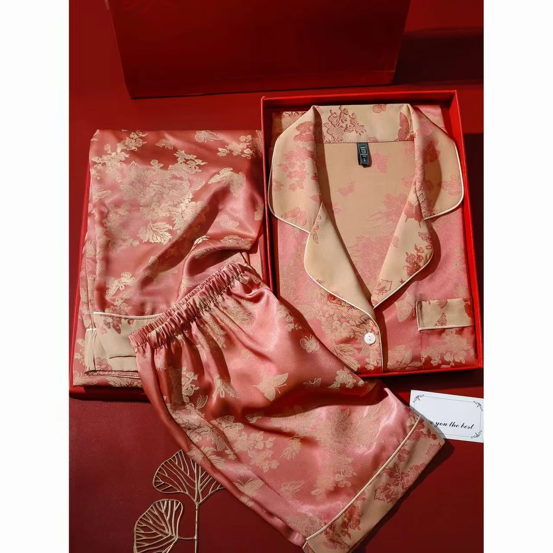 睡衣女春夏秋短袖长裤两件套蝶恋花提花薄款家居服套装