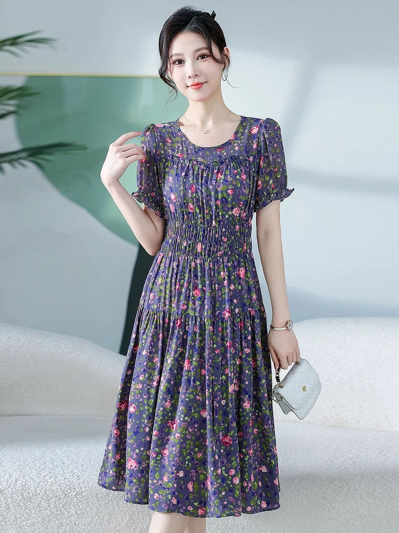 X0591 圆领连衣裙70后碎花小个子裙子气质时尚宽松大码女装