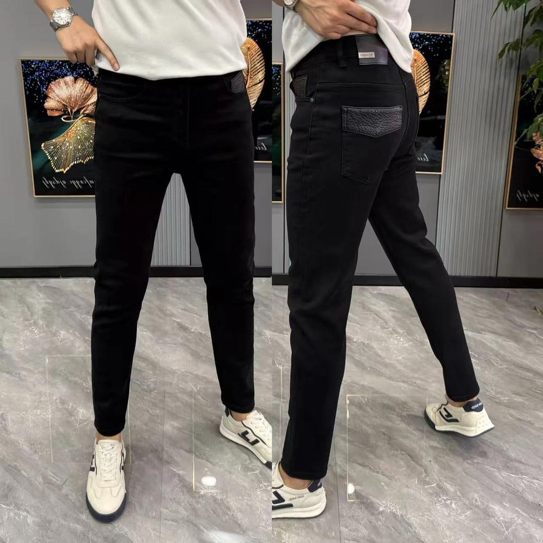 黑色牛仔裤男广州新款男裤时尚裤兜拼皮小脚裤修身显瘦百搭长裤男