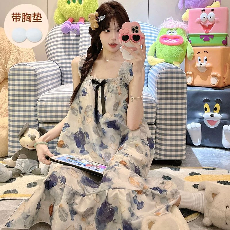 2025新款卡通云朵棉吊带可拆卸胸垫睡裙女夏甜美公主风休闲家居服