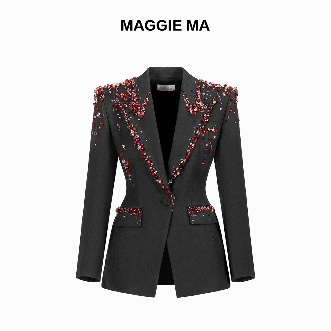 MAGGIE MA马婧设计师款黑色高级感精致重工钉珠西装外套375C