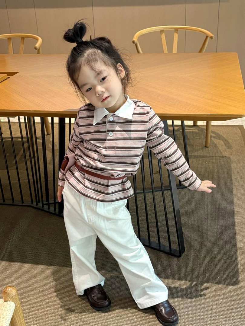 《小思家》2025早秋新款童装条纹翻领长袖上衣儿童白色休闲可套装