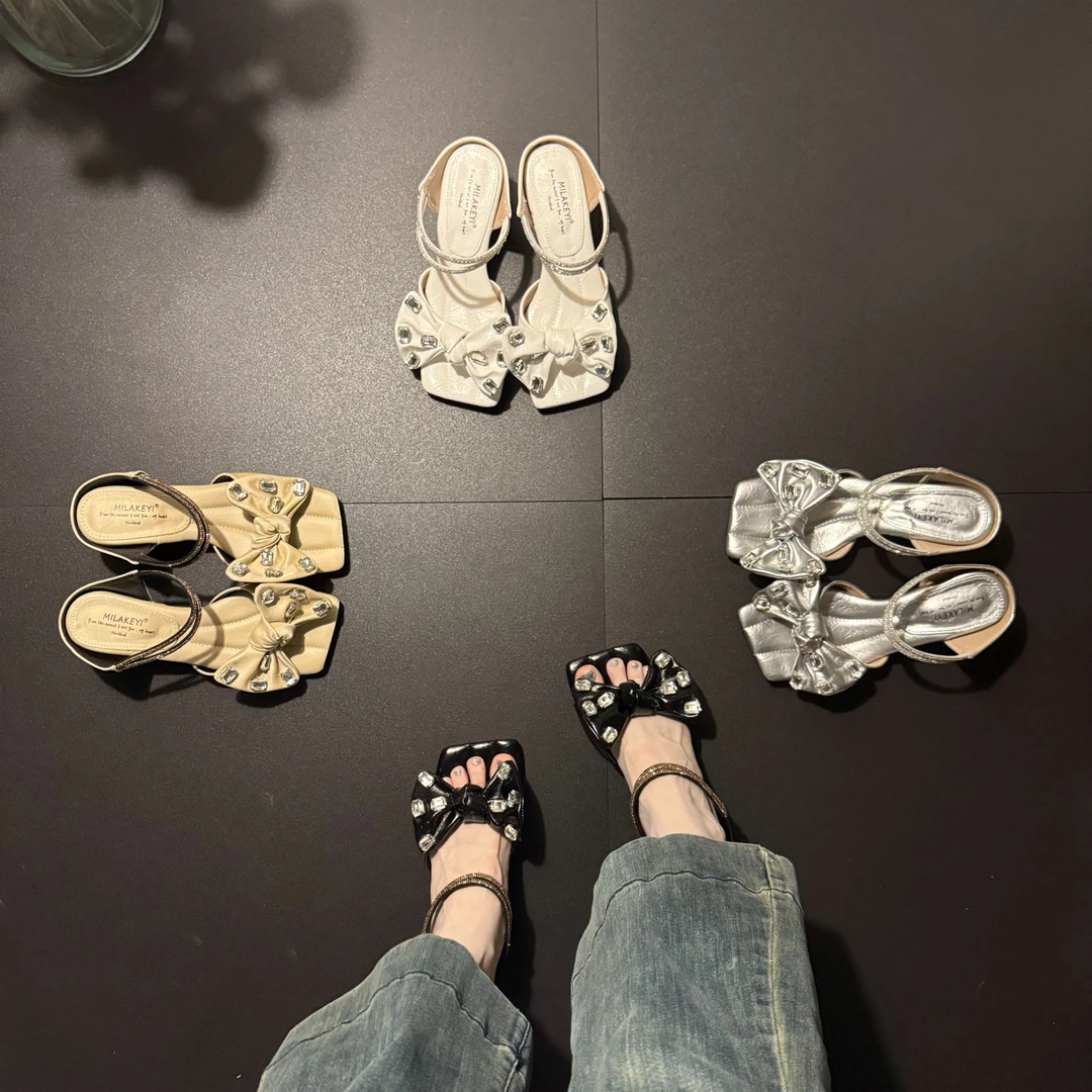 2025年新款百搭时尚气质网红爆款蝴蝶结水钻温柔风日常中跟一字拖