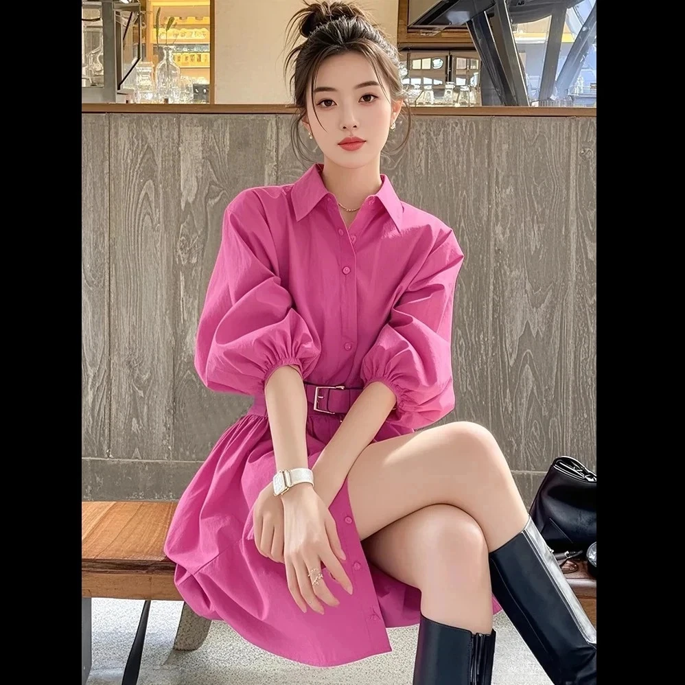 御姐穿搭轻奢高级感小众玫红色翻领连衣裙女2025年春季气质衬衫裙