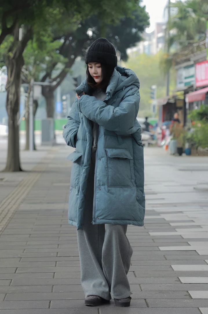 设计师款 天日干棉麻 自然皱90白鹅绒做旧蓝羽绒服