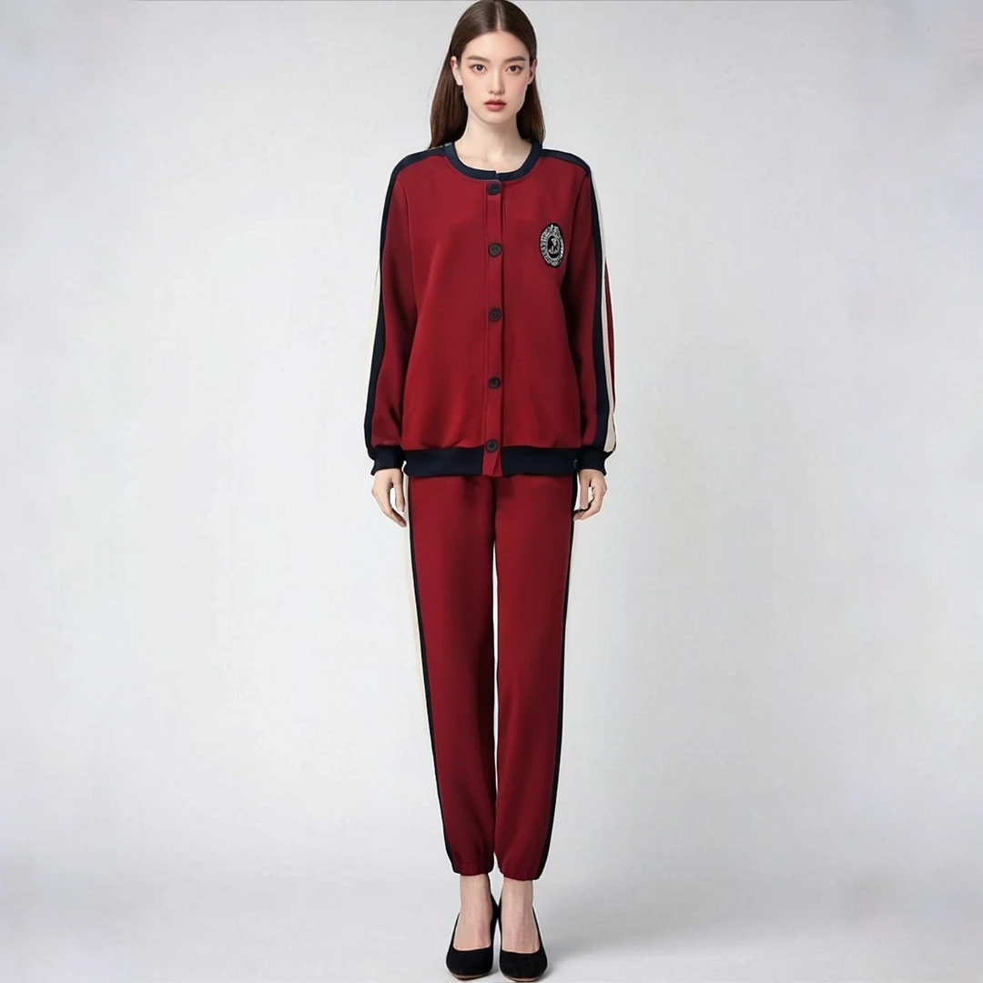 早秋新款女士长袖时尚拼条撞色休闲品质感两件套学院风宽松百搭