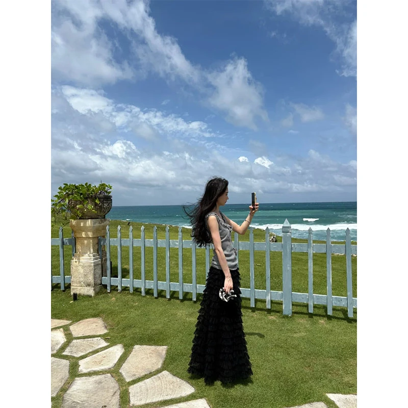 轻熟风气质简约木耳边显瘦背心上衣设计感高腰显瘦休闲A字半身裙