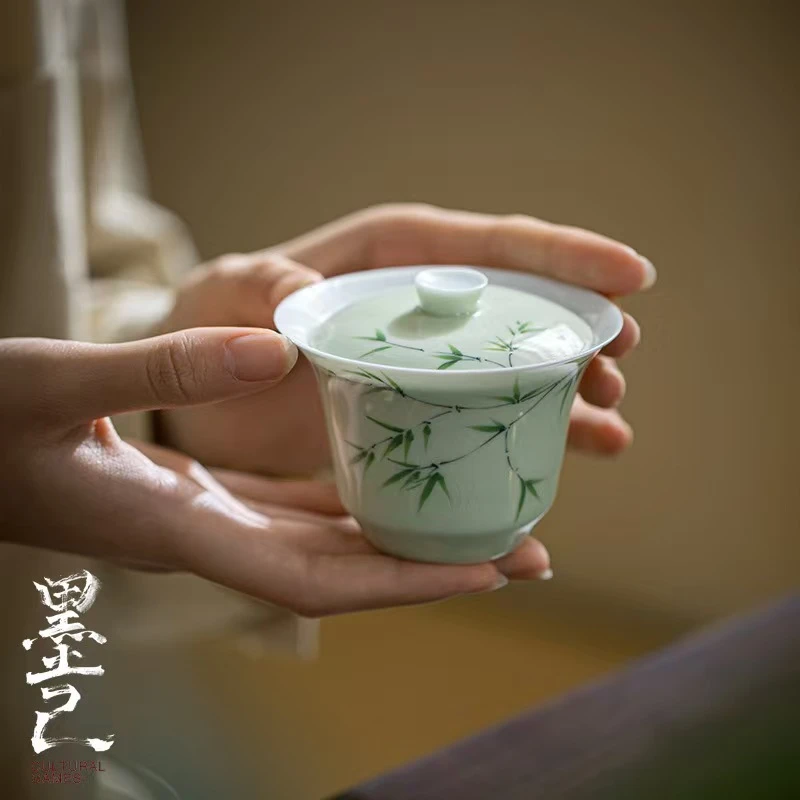 墨己 小苍翠-精工手绘釉下彩望舒盖碗-吟风竹影