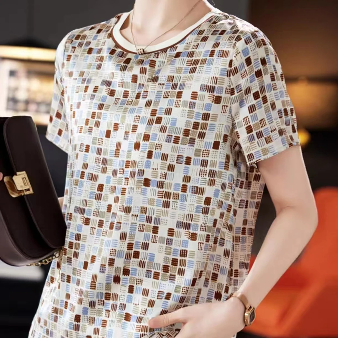 桑蚕丝短袖上衣T恤宽松领纯色气质休闲百搭华夫格  LW   8251218