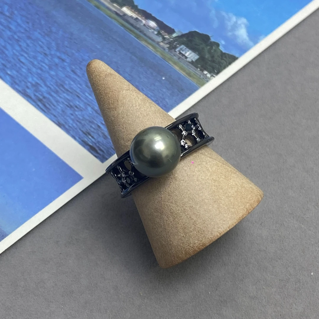星兴缘珠宝 海水大溪地黑珍珠 s925银戒指 黑色系 时尚款