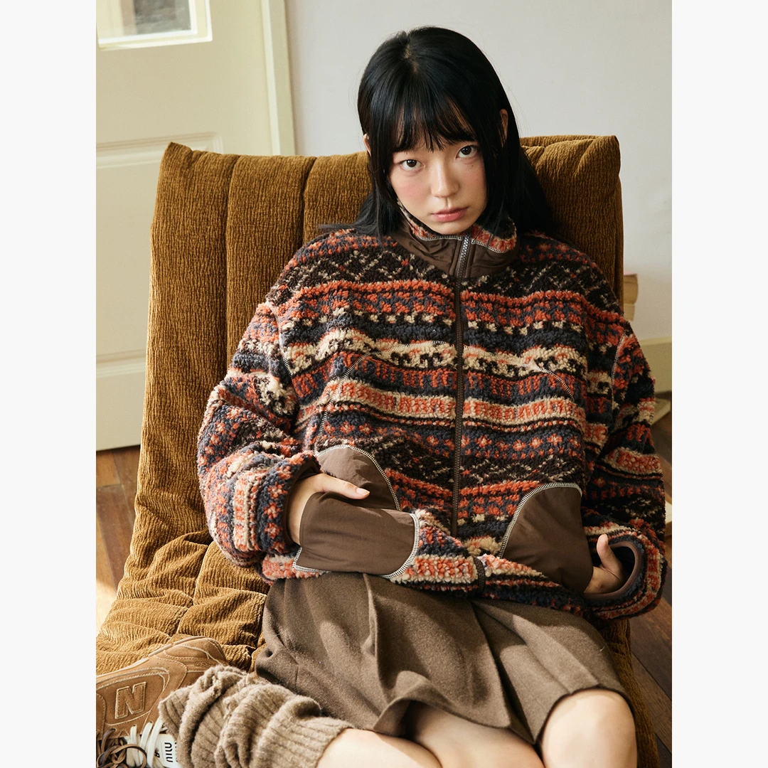 章鱼家【慵懒风】拼接复古女开襟拉链短外套宽松厚款保暖octopusme