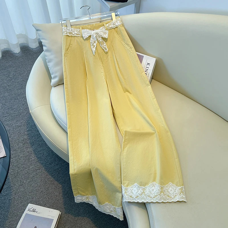 夏日轻薄裤子蕾丝花边垂感阔腿九分裤女小个子时尚百搭冰丝牛仔裤