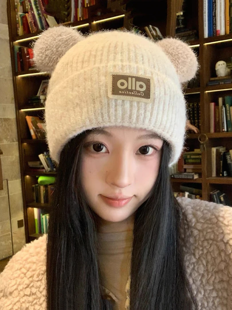 熊耳朵毛线帽女冬季加绒加厚保暖学生帽子可爱字母卡通护耳针织帽