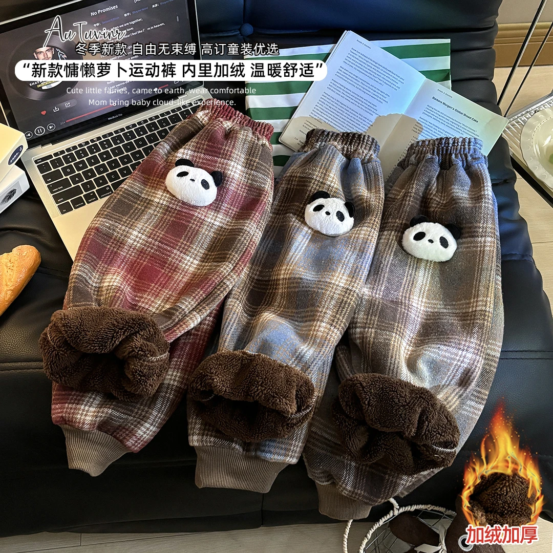 新款男女童宝宝加绒裤子儿童运动裤秋冬季加厚休闲裤格子外穿长裤