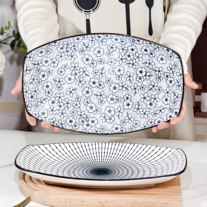 【孟垣】中式印花鱼盘2只装家用釉下彩大号蒸鱼盘陶瓷创意盘子鱼盘