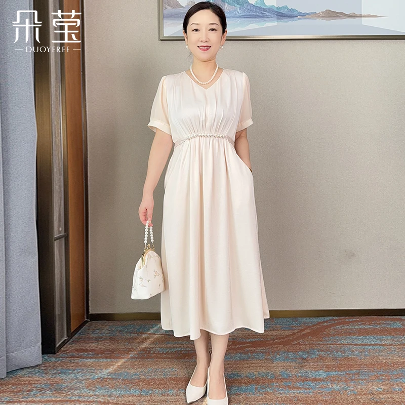 妈妈装夏季时尚显瘦收腰连衣裙4050岁中老年气质款纯色钉珠5884