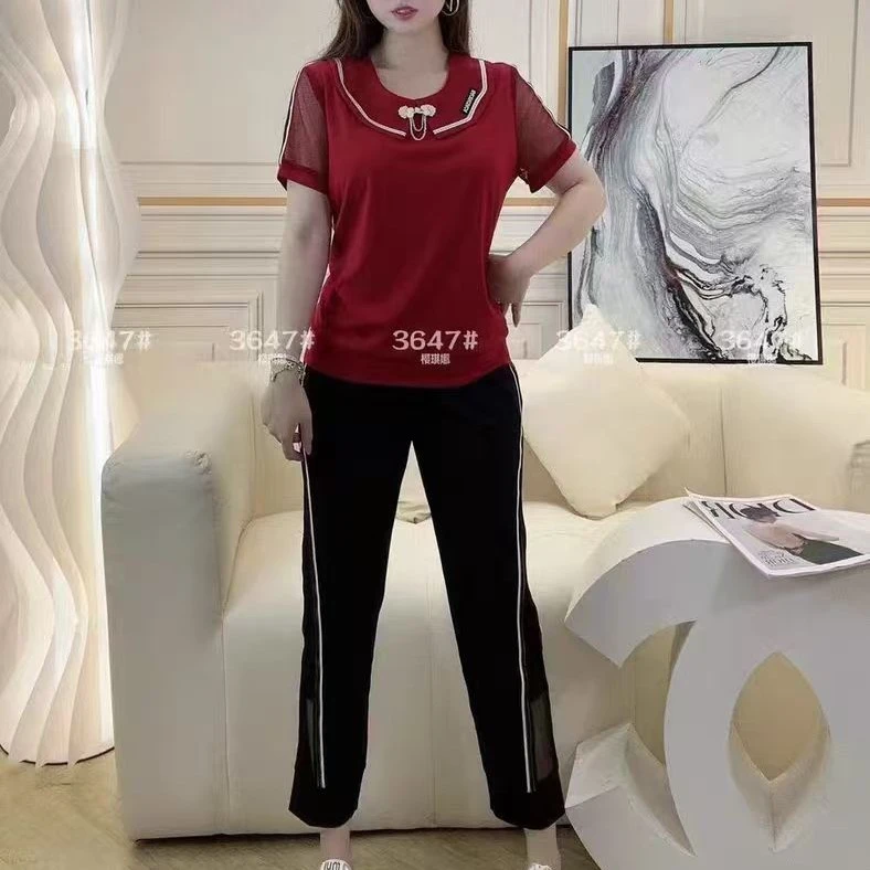 红色运动休闲套装女夏季宽松时尚减龄