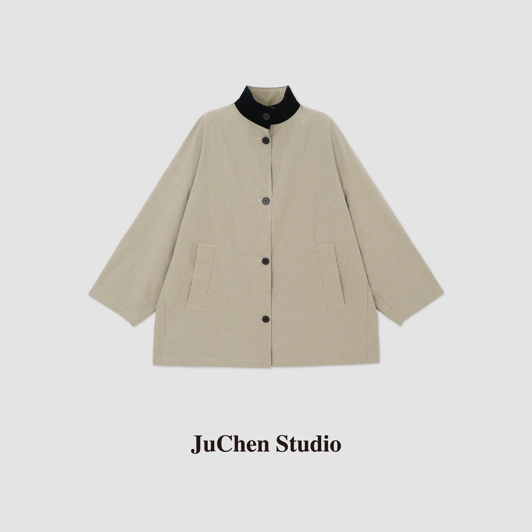 “佛罗伦萨”巴恩风田字格条绒拼色领大伞状廓形风衣SS908201A-87