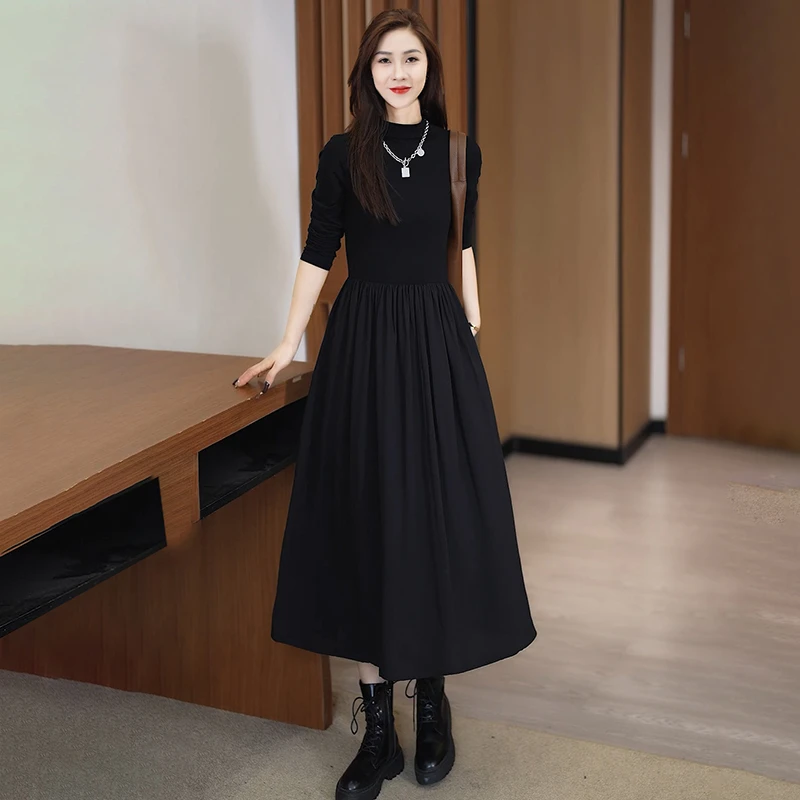 拉夏贝尔春秋新款时尚连衣裙女黑色长袖半高领大衣打底长裙子潮