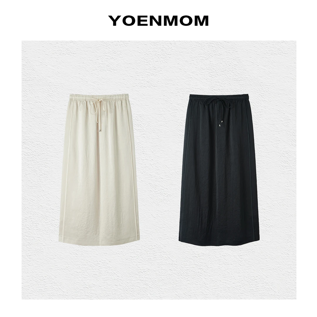 YOENMOM·垂垂裙·春季新品 100压褶醋酸简约立裁显瘦百搭直筒半裙