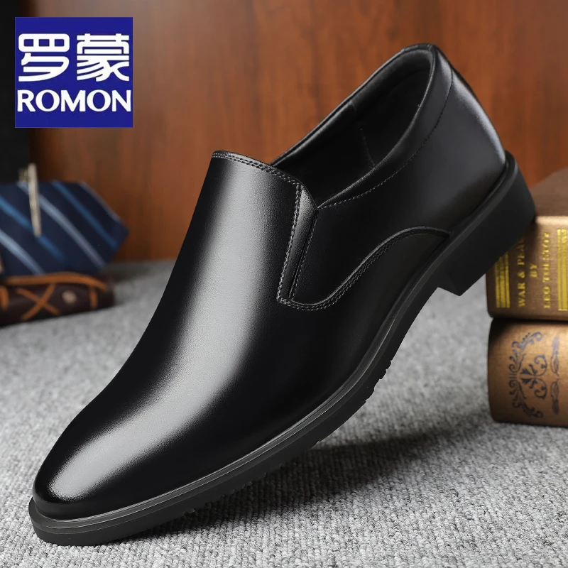 Romon/罗蒙2025春季新款商务正装皮鞋男真皮透气套脚尖头新郎婚鞋
