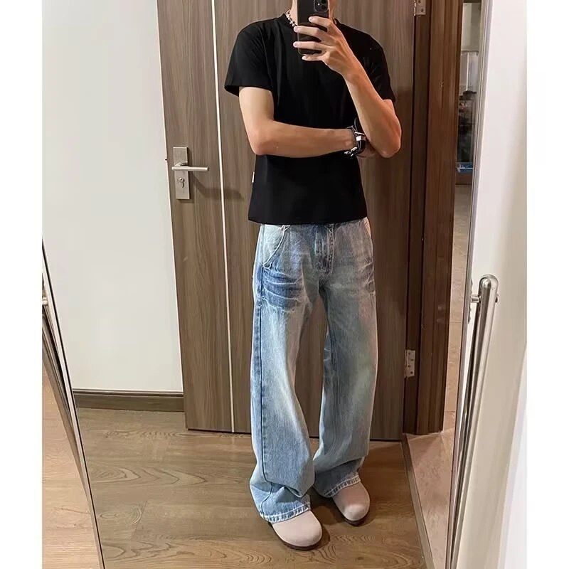 X315 美式潮流裂纹设计浅蓝色牛仔裤男百搭宽松直筒垂坠感长裤