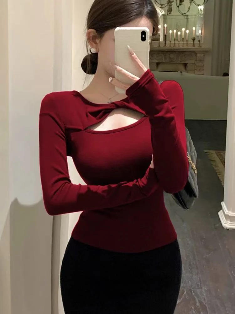 3213镂空性感长袖T恤女纯欲风修身设计感小众辣妹别致显瘦上衣