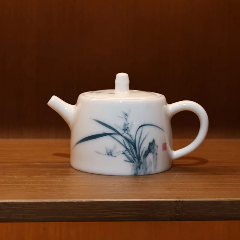 何白猪油白兰花汉铎壶釉下手绘200ml大容量泡茶壶陶瓷家用复古