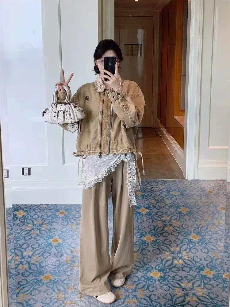 A405-卡其色复古拼接牛仔外套女春秋季新款设计感百搭短款夹克上