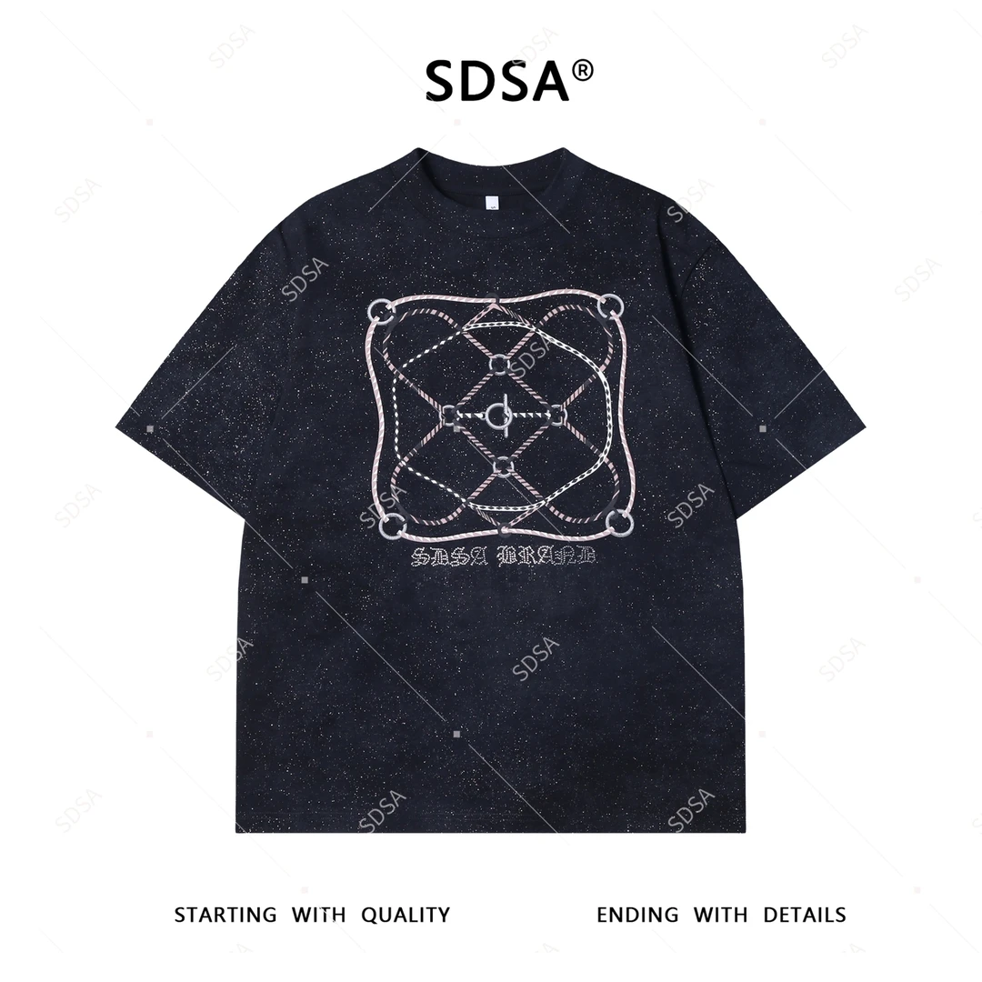 夏季高级感新款男士潮牌满天星渔网短袖T恤百搭舒适时尚圆领上衣